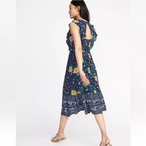 Old Navy Waist-Defined Sleeveless Boho Wildflower Blue Midi Dress‎ Romantic Sz S